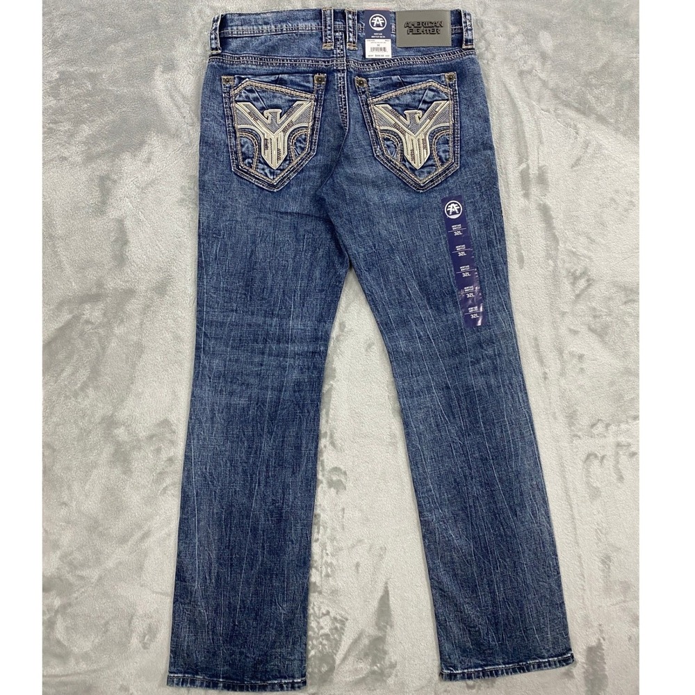 American Fighter Heritage Walker Long Boot Cut Denim Jeans Mens 32x34 Blue Tough